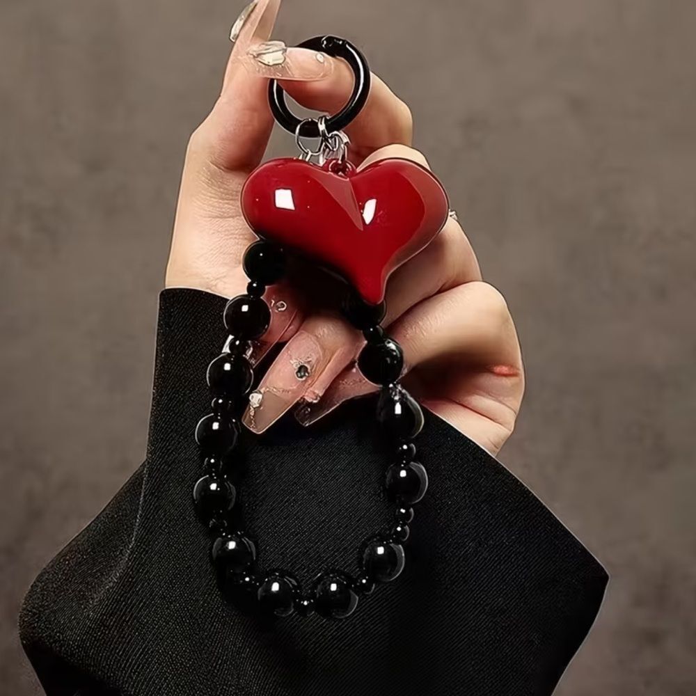 Red Heart Bead Wristlet Keychain - phone lanyard ect